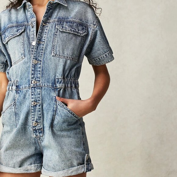 Free People Marci Cuffed Shortall/Romper Denim Size Small - Picture 6 of 6